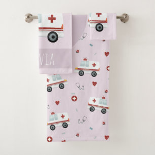 Girls Cute Pink Paramedic Ambulance Pattern Kids Bath Towel Set