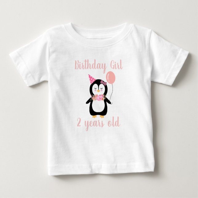 Girls Cute Pink Penguin Birthday Name & Age Baby T-Shirt (Front)