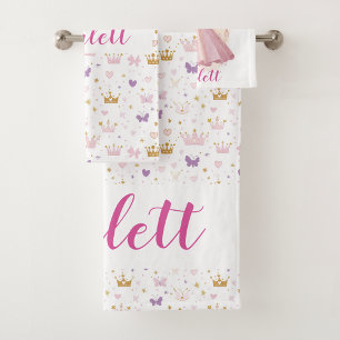 Girls Cute Pink Personalised Princess Crown Bath Towel Set