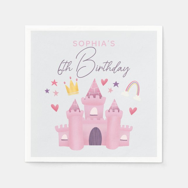 Girls Cute Pink Princess Palace Kids 6th Birthday Napkin (Front)