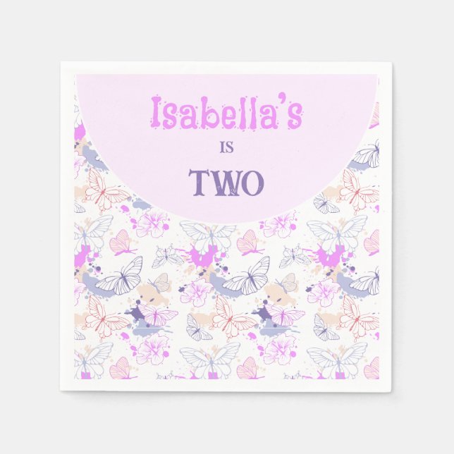 Girls Cute Pink Purple Butterfly Kids Birthday Napkin (Front)