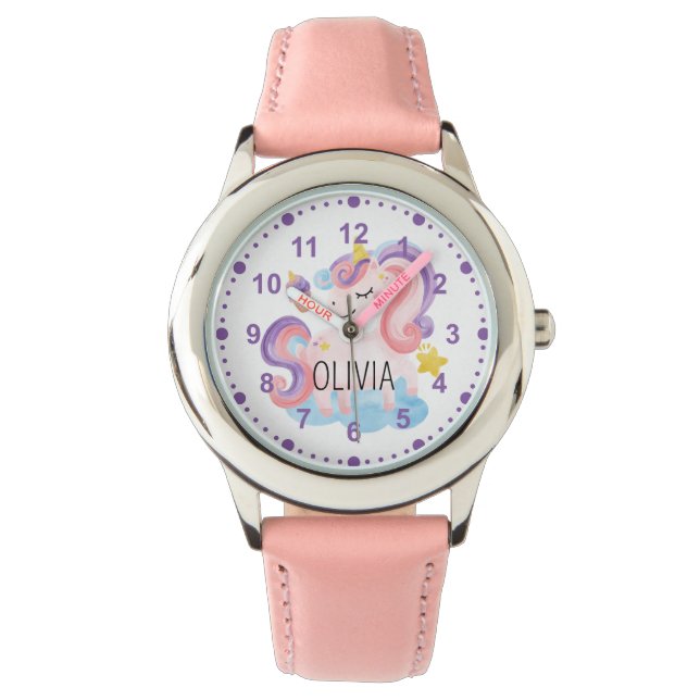 Girls Cute Pink Purple Unicorn Custom Name Watch (Front)