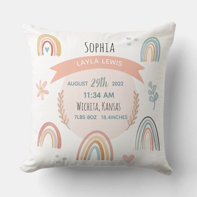 Girls Cute Pink Rainbow Birth Stats Baby Nursery Cushion (Front)