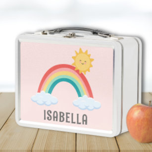 Girls Cute Pink Rainbow Kids Personalised Metal Lunch Box