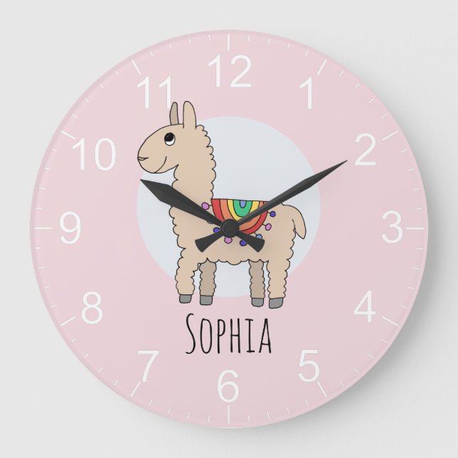 Girls Cute Pink Rainbow Llama and Name Kids Large Clock (Front)
