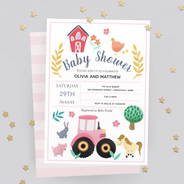 Girls Cute Pink Rustic Farm Tractor Baby Shower Invitation (Creator Uploaded)