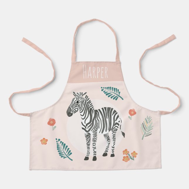 Girls Cute Pink Safari Zebra and Flowers Apron (Front)