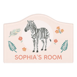 Girls Cute Pink Safari Zebra & Name Kids Door Sign