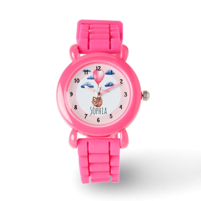 Girls Cute Pink Sloth Animal and Name Kids Watch (Front)
