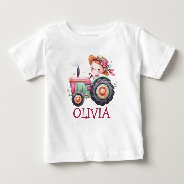 Girls Cute Pink Tractor Personalised Baby T-Shirt (Front)