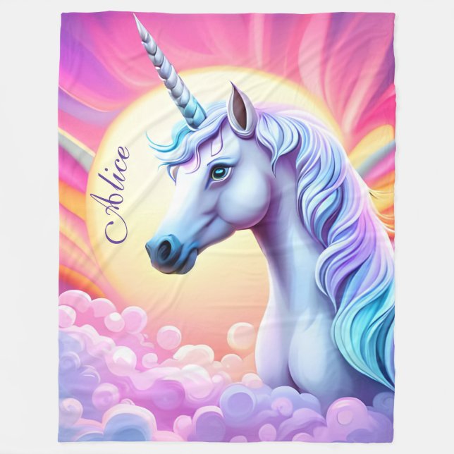 Girls Cute Pink Unicorn and Name Sherpa Blanket (Front)