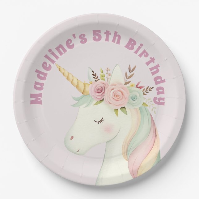 Girls Cute Pink Unicorn Birthday Paper Plate (Front)