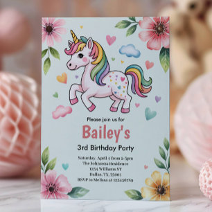 Girls Cute Pink Unicorn Kids 3rd Birthday Party Invitation
