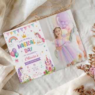 Girls Cute Pink Unicorn Kids 3rd Birthday Photo Invitation