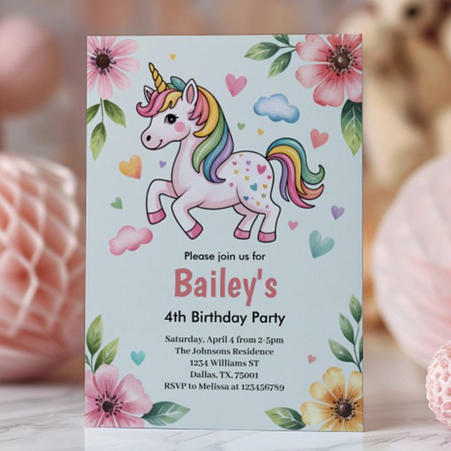 Girls Cute Pink Unicorn Kids 4th Birthday Party Invitation (Creator Uploaded)