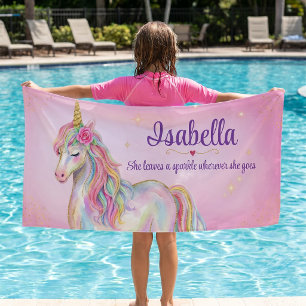 Girls Cute Pink Unicorn Personalised Name Kids Beach Towel