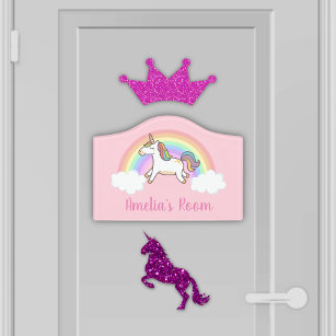Girls Cute Pink Unicorn Rainbow Kids Name Door Sign