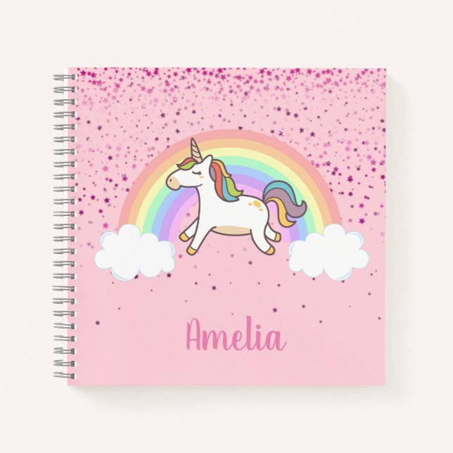 Girls Cute Pink Unicorn Rainbow Personalised Kids Notebook (Front)
