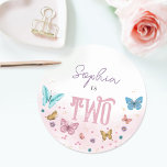 Girls Cute Pink Watercolor Butterfly Kids Birthday Classic Round Sticker<br><div class="desc">This cute and girly kids birthday sticker design features a magical watercolor butterfly design,  with butterflies and flowers,  and can be personalised with your child’s name and a different age if required. The perfect whimsical purple and pink design for your little one's birthday,  great for sending out invitations!</div>