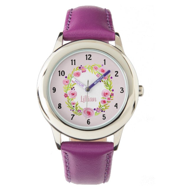 Girls Cute Pink Watercolor Flowers and Name Kids Watch (Front)