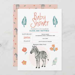 Girls Cute Pink Zebra Safari Jungle Baby Shower Invitation
