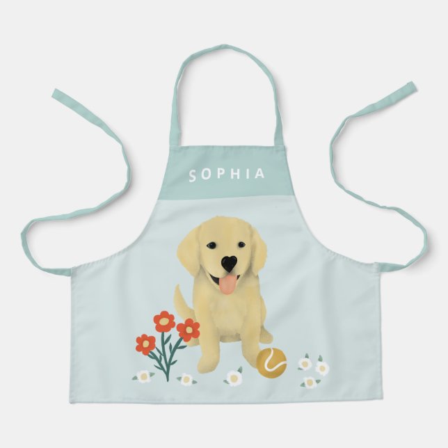 Girls Cute Puppy Dog Floral Kids Apron (Front)