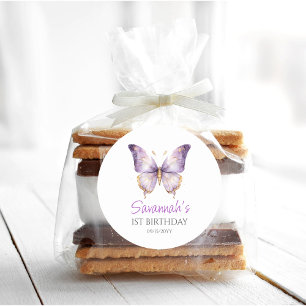 Girls Cute Purple Butterfly 1st Birthday Party Classic Round Sticker