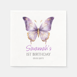 Girls Cute Purple Butterfly 1st Birthday Party Napkin