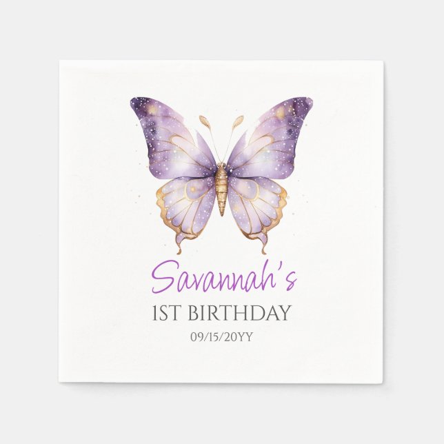 Girls Cute Purple Butterfly 1st Birthday Party Napkin (Front)