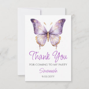 Girls Cute Purple Butterfly 1st Birthday Party Thank You Card