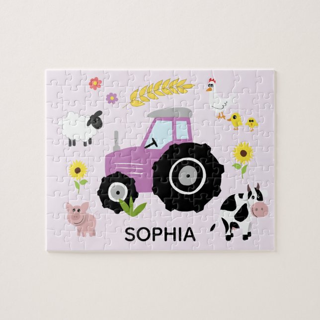 Girls Cute Purple Farm Tractor and Name Kids Jigsaw Puzzle (Horizontal)
