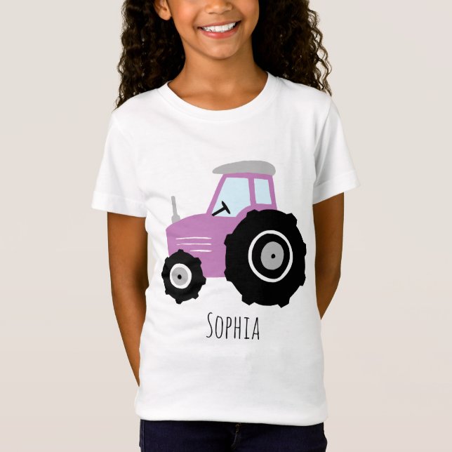 Girls Cute Purple Farm Tractor Cartoon with Name T-Shirt (Front)