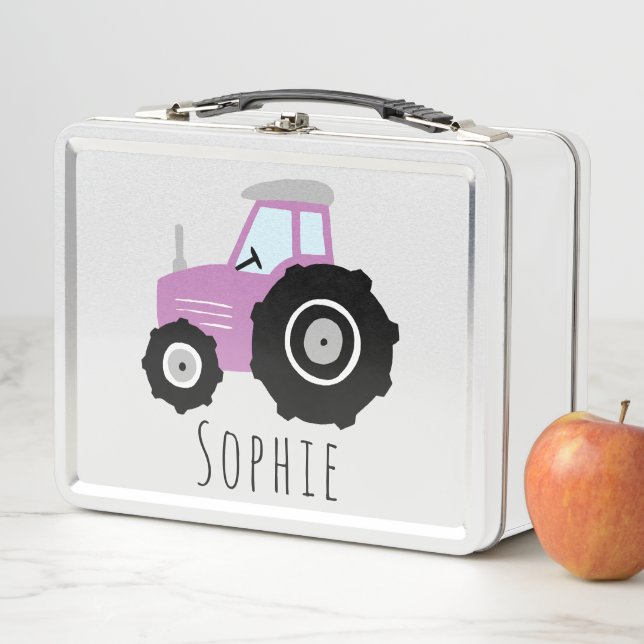 Girls Cute Purple Farm Tractor Kids Metal Lunch Box (In Situ)
