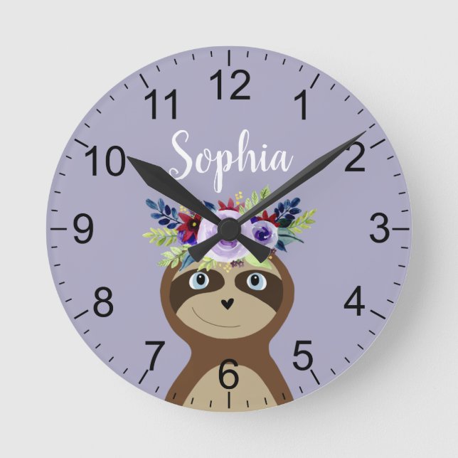 Girls Cute Purple Flower Sloth and Name Kids Round Clock (Front)