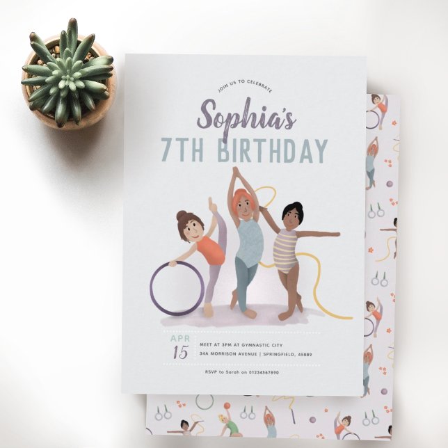 Girls Cute Purple Gymnastics 7th Birthday Invitation (Creator Uploaded)