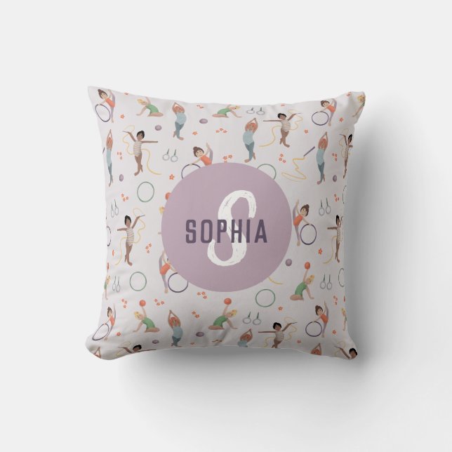 Girls Cute Purple Gymnastics Monogram Kids Cushion (Front)