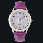 Girls Cute Purple Magical Unicorn and Name Kids Watch<br><div class="desc">This cute and whimsical girly kids watch design is a part of a collection featuring cute doodle for girl's apparel, accessories, and nursery decor. This design features a hand drawn doodle pastel unicorn on a purple background and can be personalised with your girl's name. Perfect for your little girl's first...</div>