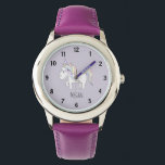 Girls Cute Purple Magical Unicorn and Name Kids Watch<br><div class="desc">This cute and whimsical girly kids watch design is a part of a collection featuring cute doodle for girl's apparel, accessories, and nursery decor. This design features a hand drawn doodle pastel unicorn on a purple background and can be personalised with your girl's name. Perfect for your little girl's first...</div>