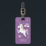 Girls Cute Purple Magical Unicorn & Name Kids Luggage Tag<br><div class="desc">This cute and modern kids luggage tag features a unicorn, planet, stars, a crown, a rainbow and heart, and can be personalised with your girls name and contact details. The perfect magical gift for your baby, toddler or child's first trip. Check out our purple unicorn collection for the matching passport...</div>