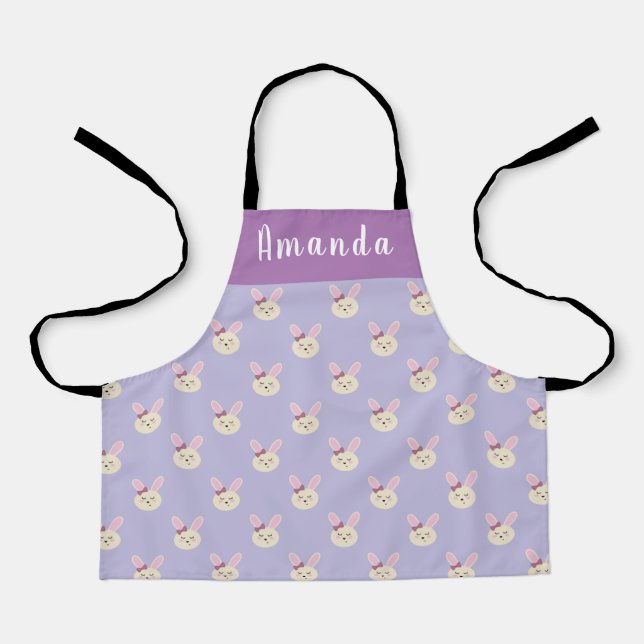 Girls Cute Purple Pastel Bunny Custom Name Kids Apron (Front)
