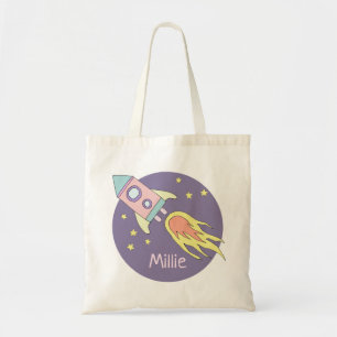 Girl's Cute Purple Rocket Ship Space Galaxy Tote Bag