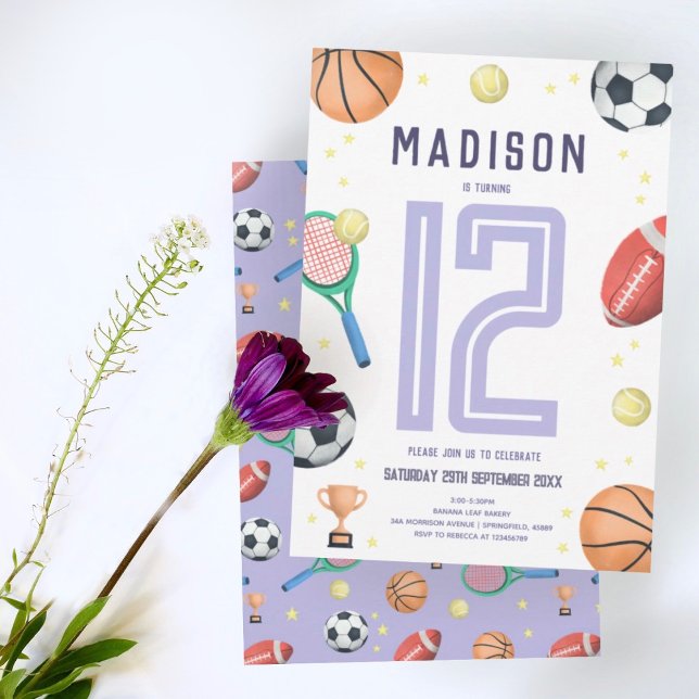 Girls Cute Purple Sports Cartoon Kids Birthday Invitation (Creator Uploaded)