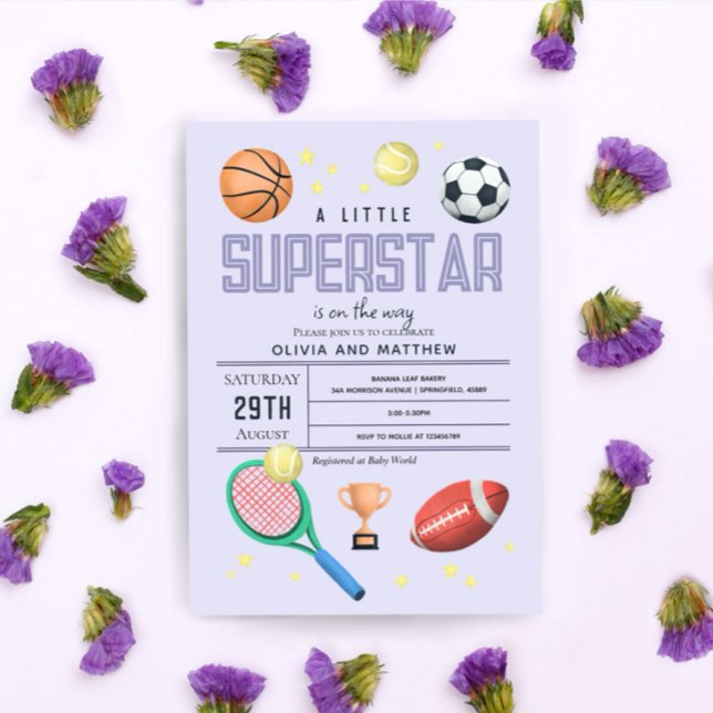 Girls Cute Purple Sports Superstar Baby Shower Invitation (Creator Uploaded)