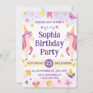 Girls Cute Purple Unicorn Kids 1th Birthday Invitation