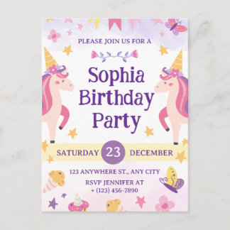 Girls Cute Purple Unicorn Kids 1th Birthday Postcard