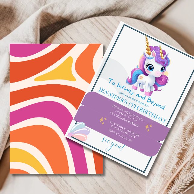 Girls Cute Purple Unicorn Kids 5th Birthday  Invitation (Creator Uploaded)