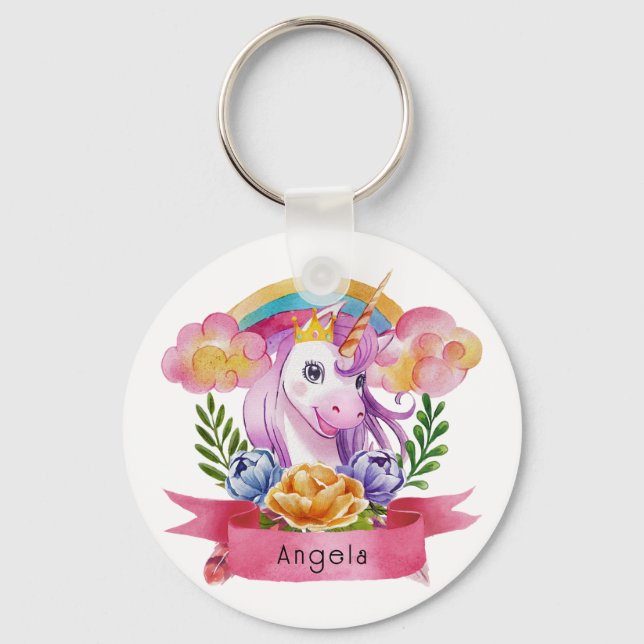 Girls Cute Purple Unicorn Rainbow Custom Name     Key Ring (Front)