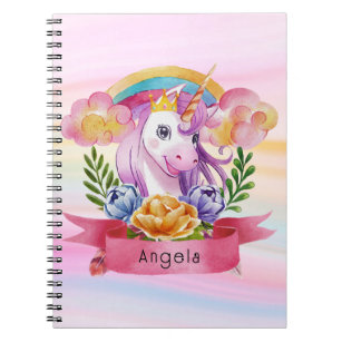 Girls Cute Purple Unicorn Rainbow Custom Name     Notebook
