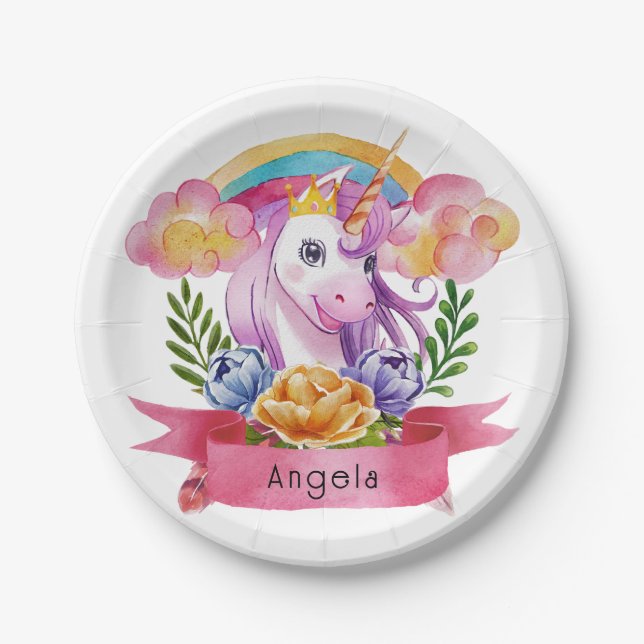 Girls Cute Purple Unicorn Rainbow Custom Name     Paper Plate (Front)
