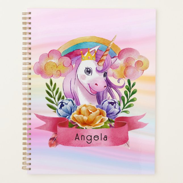 Girls Cute Purple Unicorn Rainbow Custom Name     Planner (Front)